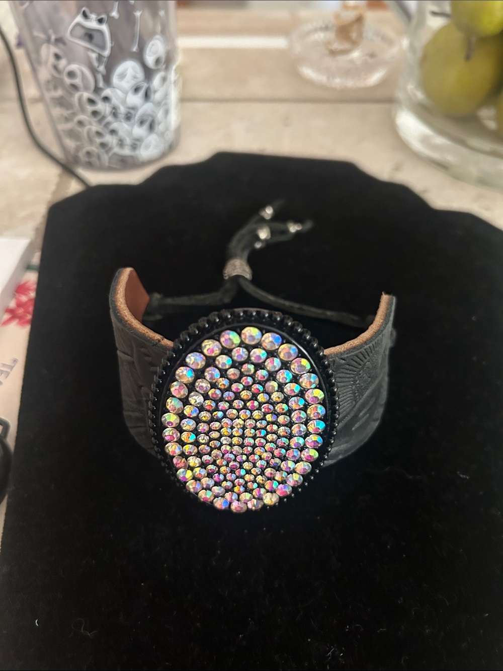 Black Leather Cuff Bracelet with Iridescent Crystal Disc